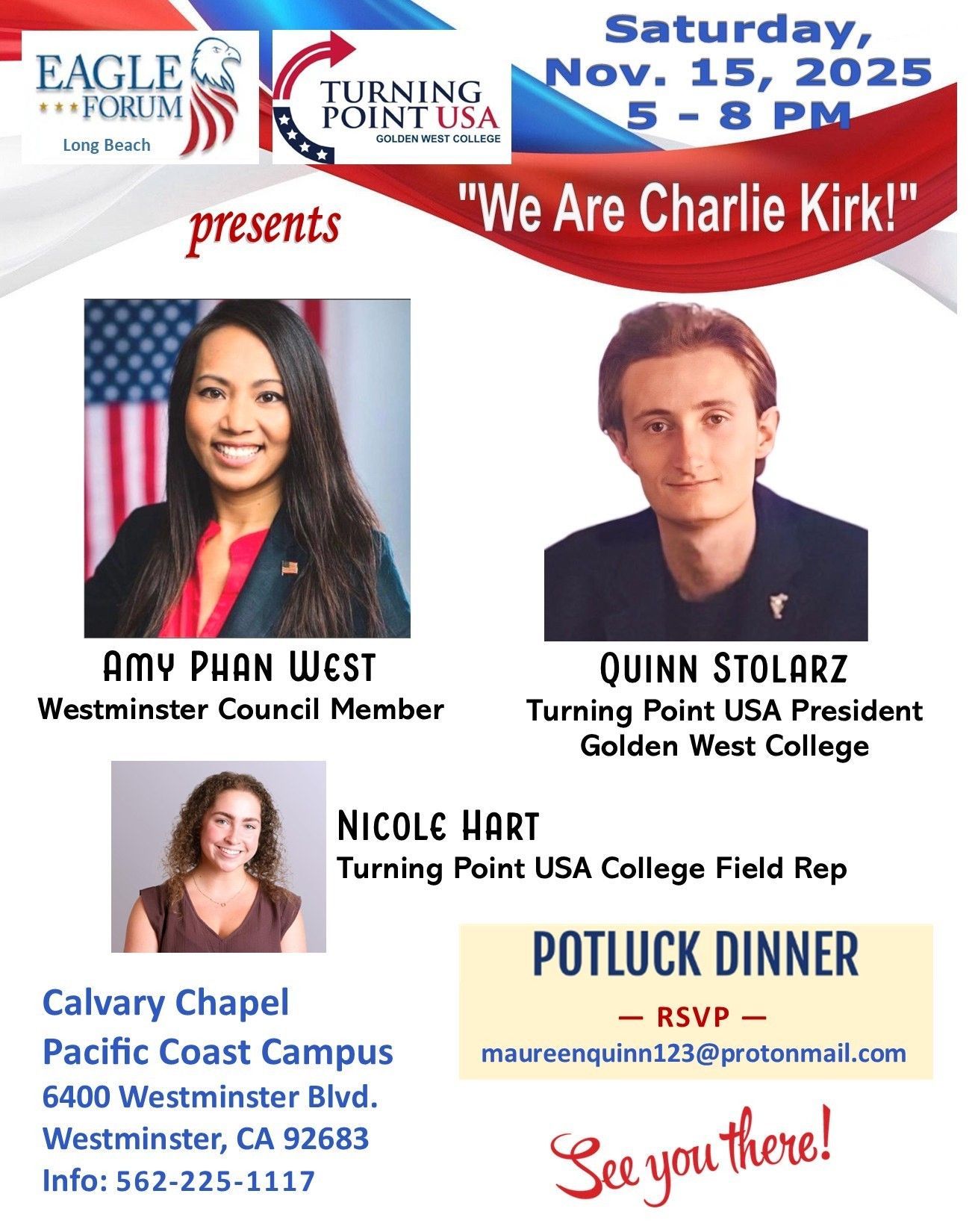 Flyer for Turning Point USA event: Nov. 15, 2025 in Westminster, CA with Amy Phan West, Quinn Stolarz, and Nicole Hart. Potluck dinner.