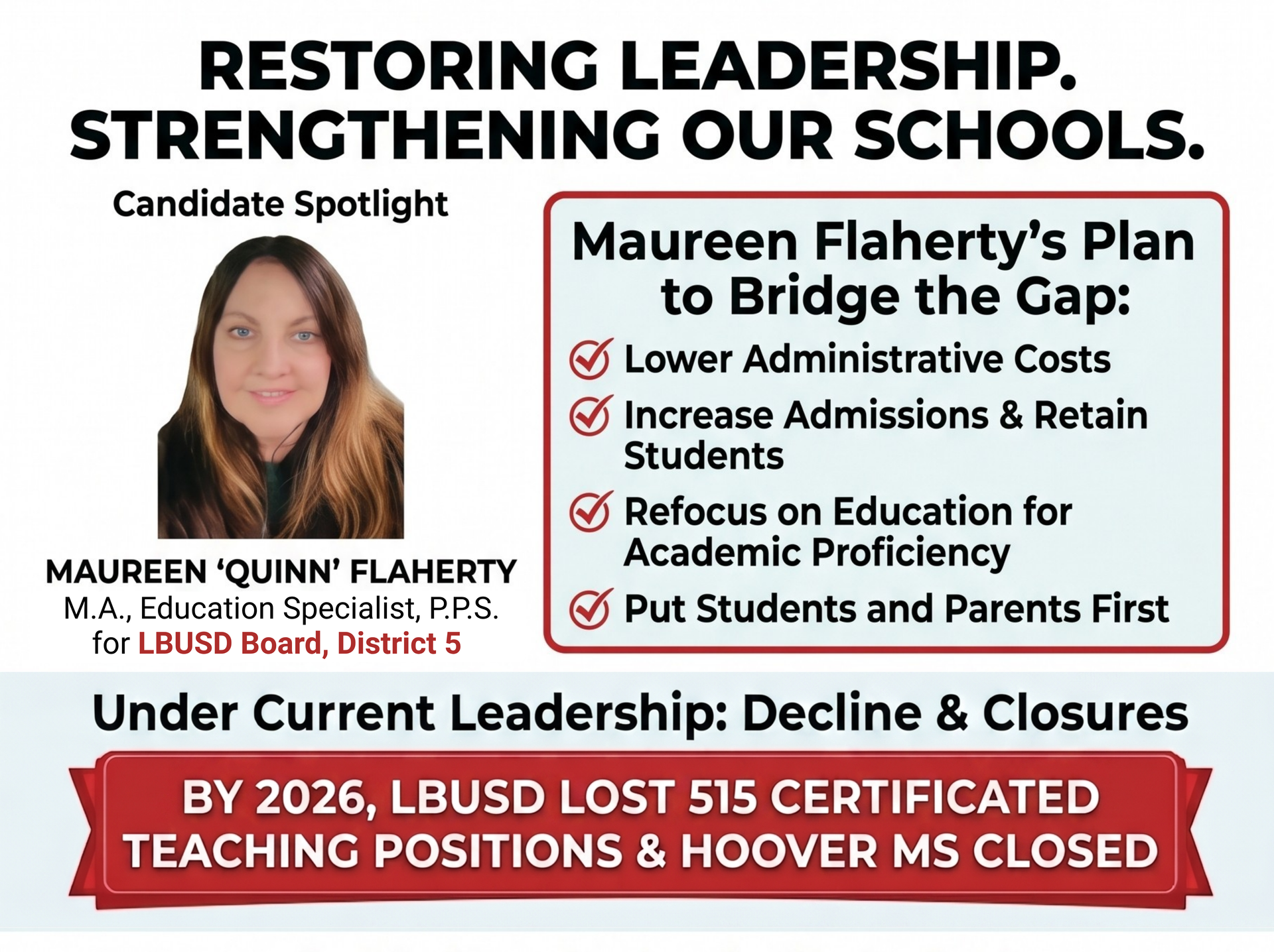 Campaign ad for Maureen Flaherty: restoring leadership, lowering costs, and improving academics in schools