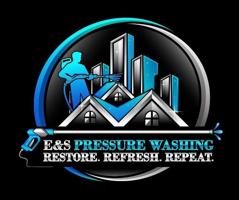 Logo: Man pressure washing buildings and houses; blue, silver, black. Text: E&S Pressure Washing.