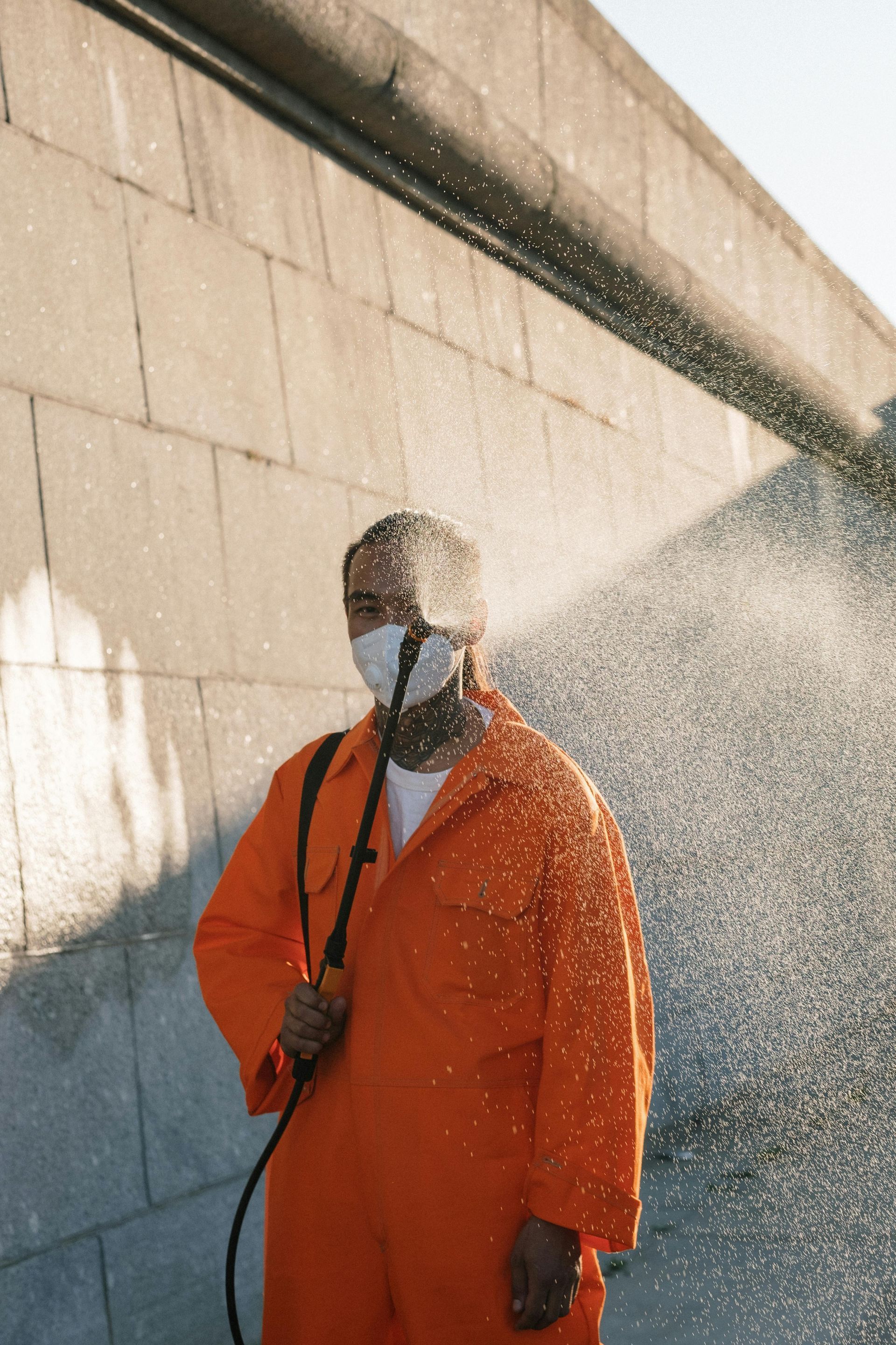 Person in orange jumpsuit and mask spraying water against a concrete wall.