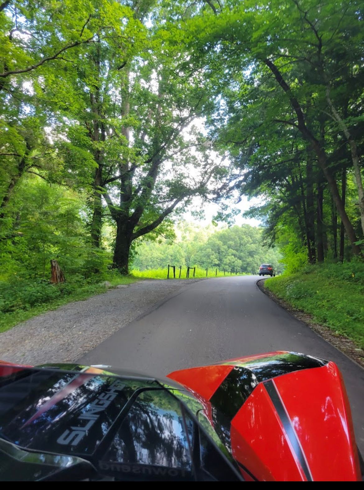 A red sports car is parked on the side of a road