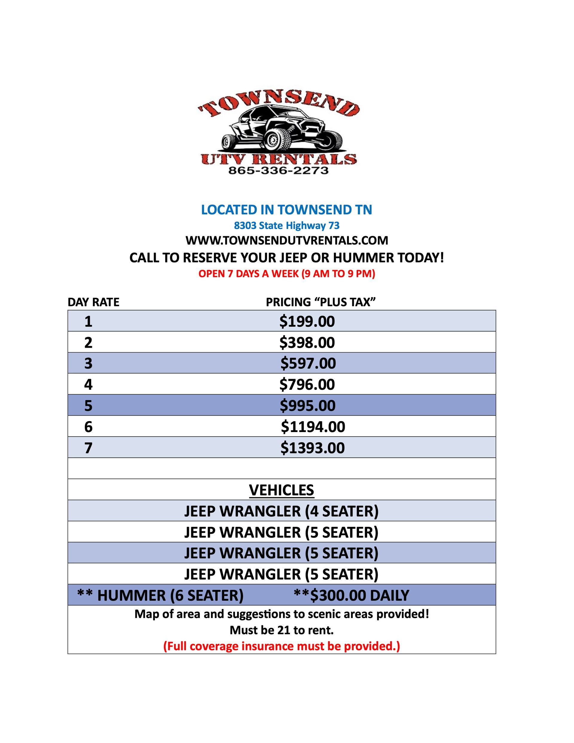 A flyer for townsend u.v. rental shows a list of vehicles