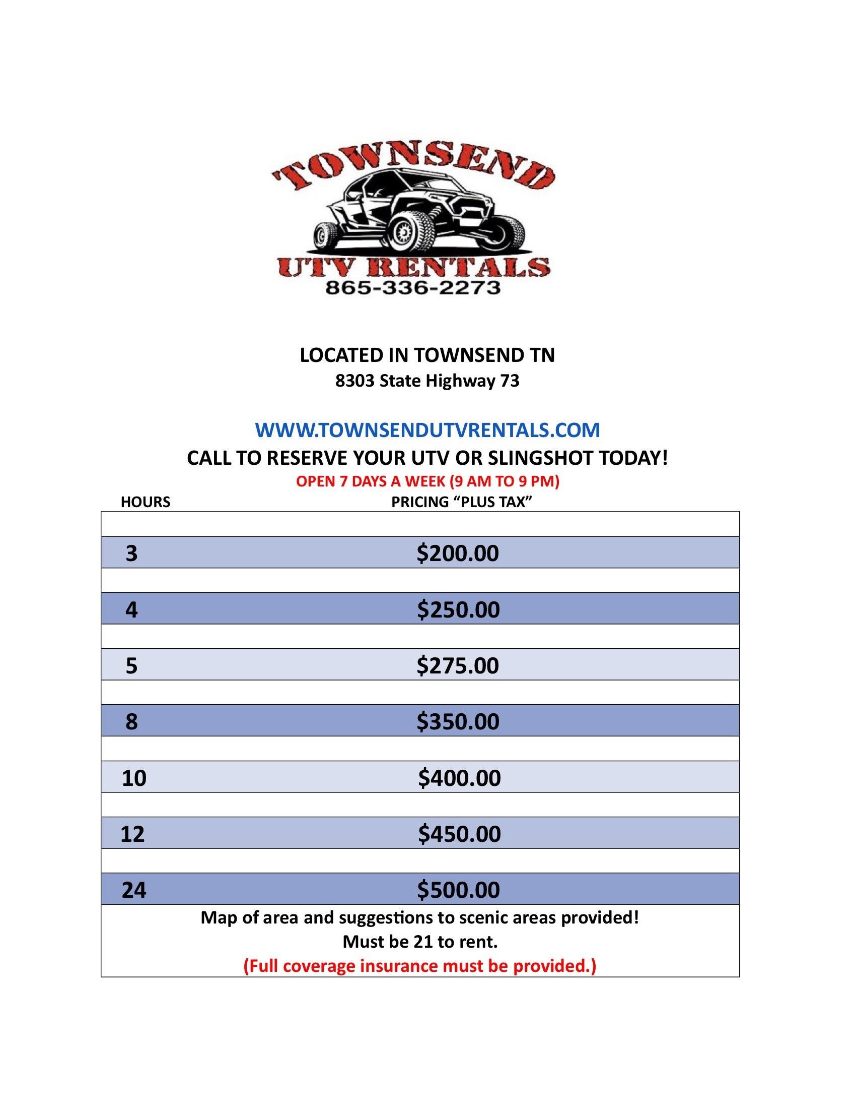 A flyer for townsend utv rentals located in townsend tn