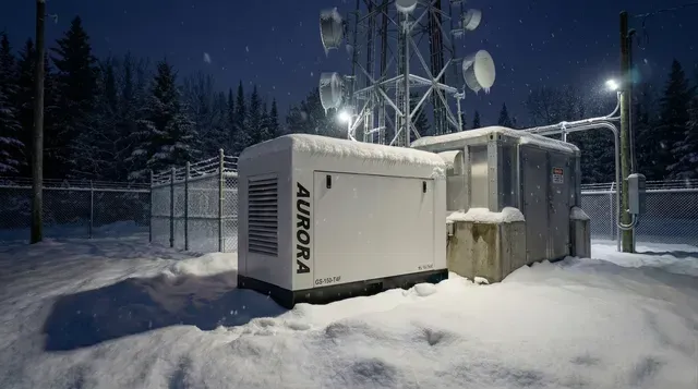 Un générateur de secours Aurora blanc est installé de nuit dans une clairière enneigée, près d'une tour de télécommunications et d'équipements associés.