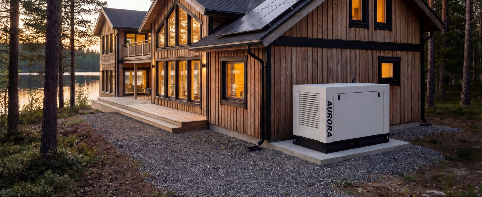 Au crépuscule, un gros générateur de secours blanc est installé sur une dalle de béton à côté d'une maison en bois au bord d'un lac entouré d'arbres.