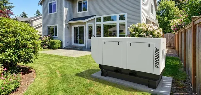 Un générateur de secours résidentiel blanc est installé sur une dalle de béton dans le jardin d'une maison.