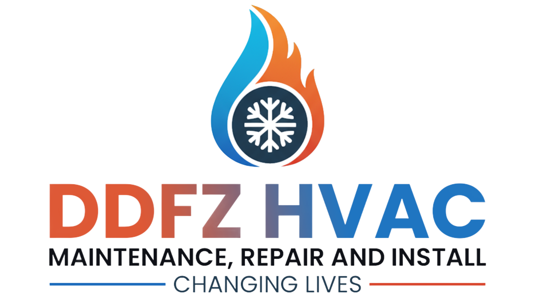 Logo for DDFZ HVAC, featuring a flame design with a snowflake, and text "DDFZ HVAC" and "Maintenance, Repair and Install."