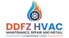 Logo for DDFZ HVAC, featuring a flame design with a snowflake, and text "DDFZ HVAC" and "Maintenance, Repair and Install."