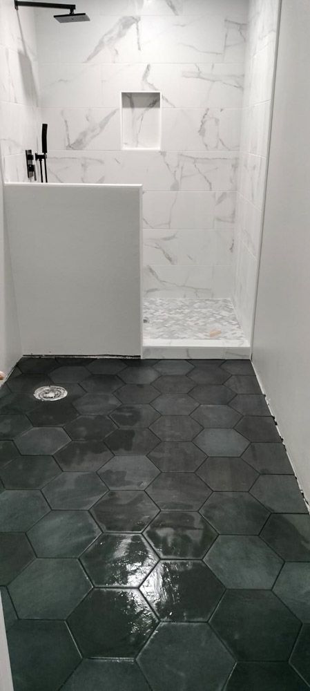 A bathroom with a walk in shower and a black tile floor.