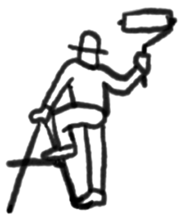 A drawing of a man sitting on a ladder holding a paint roller.