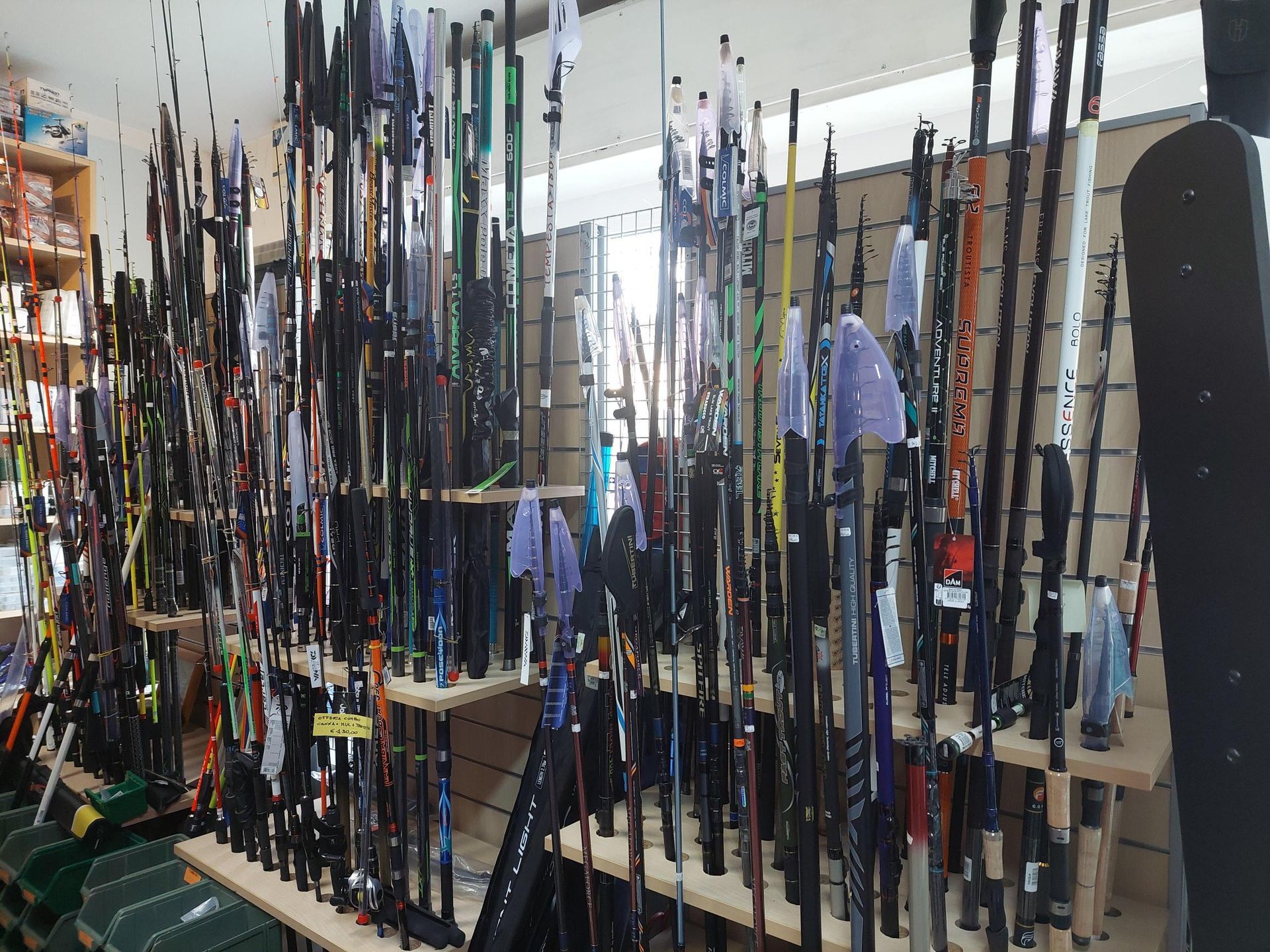 Canne da pesca esposte in un negozio al dettaglio, vari colori e stili.