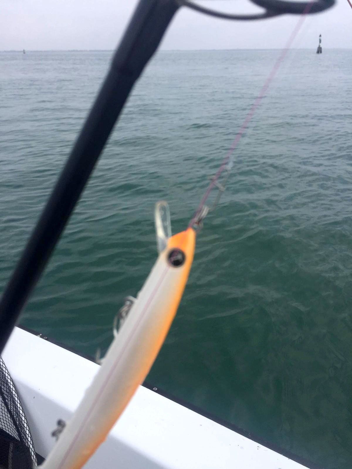 Canna da pesca con un'esca sull'acqua. L'esca è bianca e arancione.