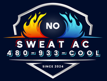 Logo for "No Sweat AC," featuring flames, text, and a phone number against a blue background.