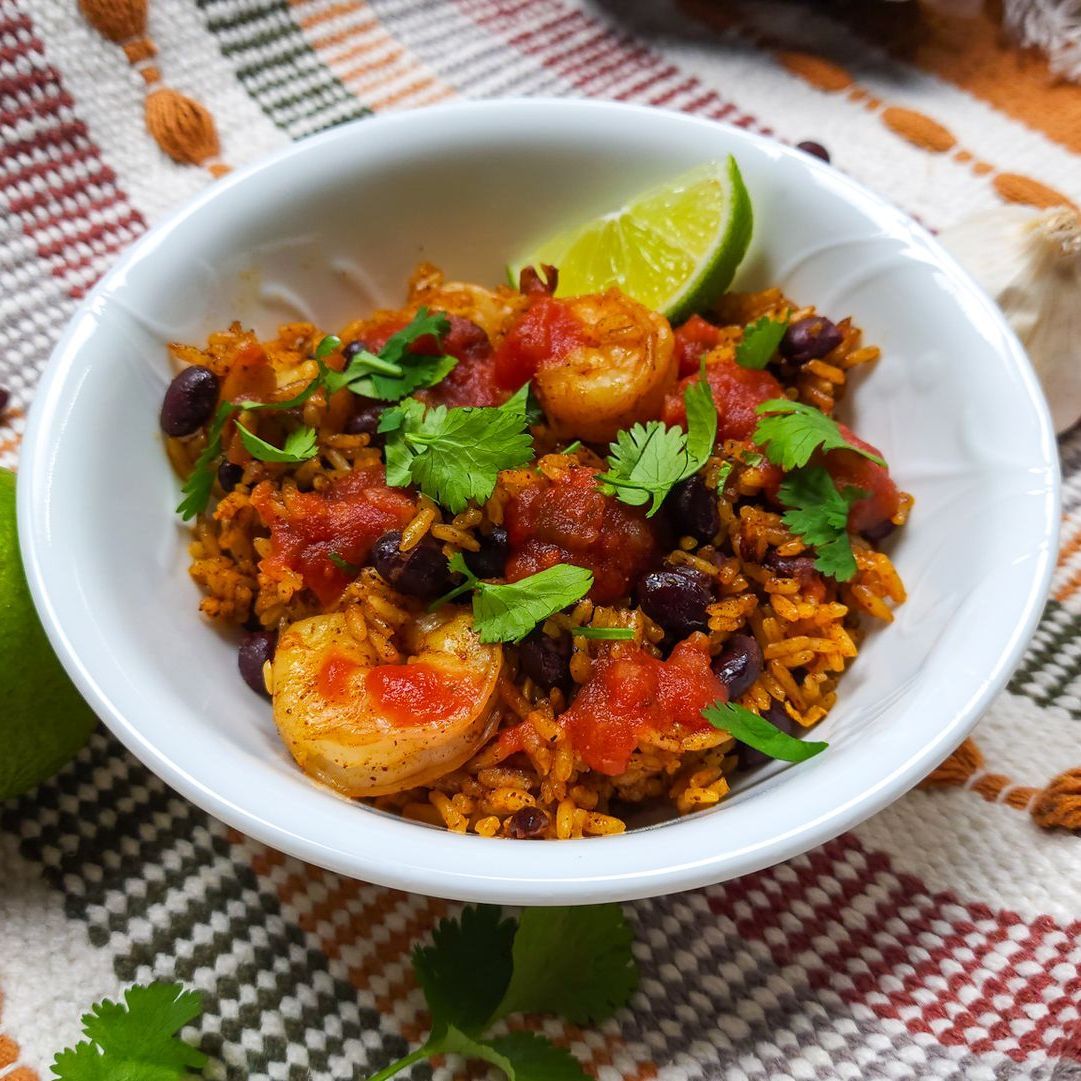 Instant Pot Cuban Shrimp with Basmati Rice and Black Beans and Lime and Cilantro & Salsa