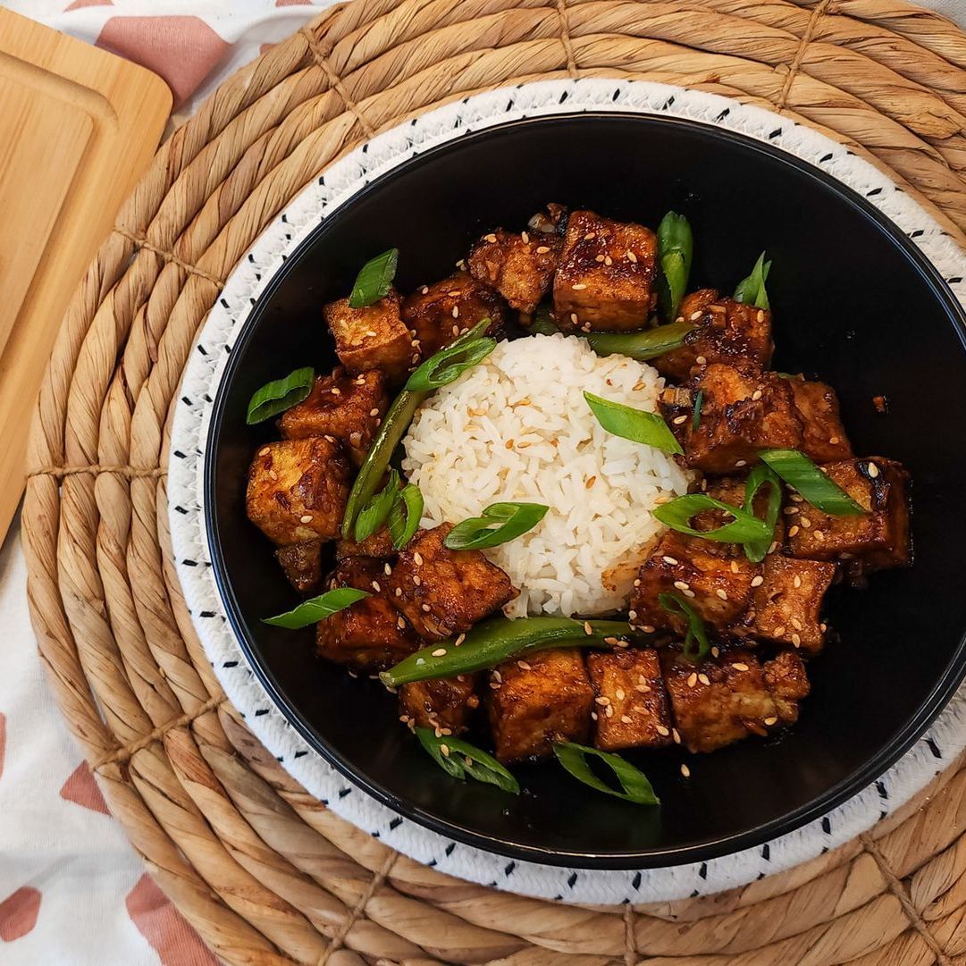 Asian Stir Fry Hoisin Tofu with steamed Snap peas with Della Jasmine Rice Bowl
