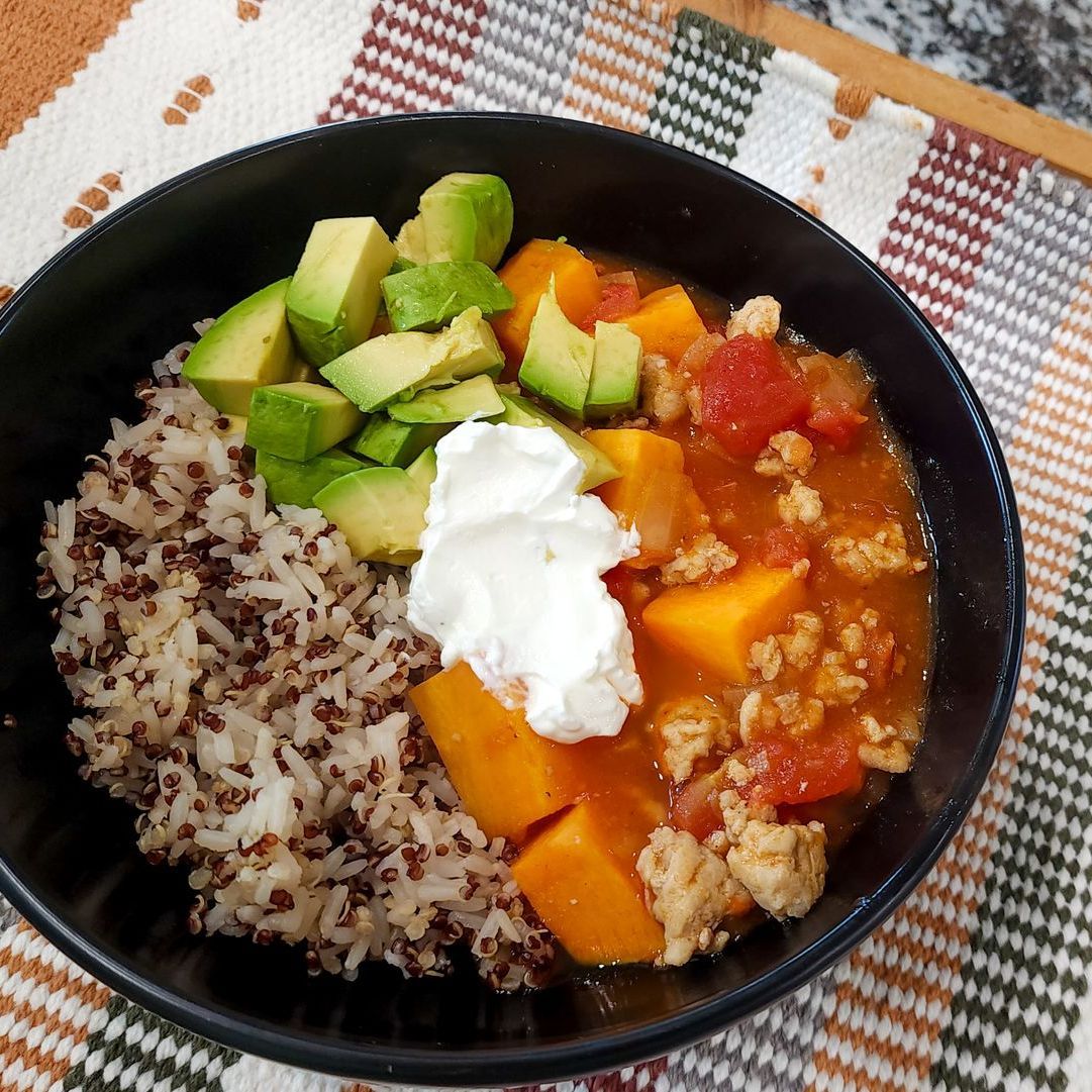 Ground Turkey & Sweet Potato Chili with Della Basmati and Quinoa with avocado