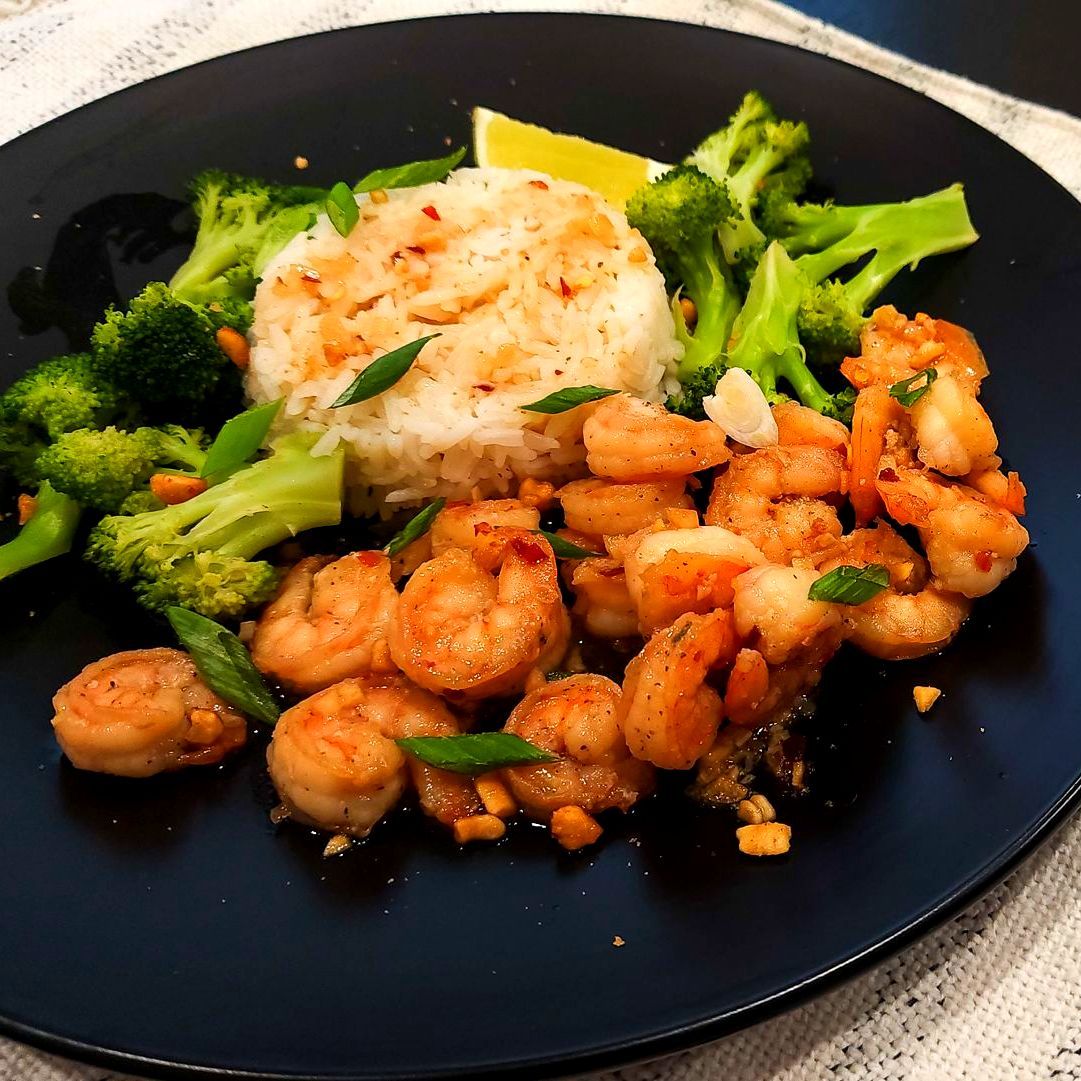 Asian Honey Garlic Shrimp with Della Jasmine Rice and Steamed Broccoli