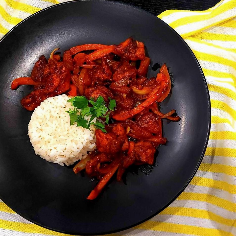 Sticky Pineapple Chicken with Della Jasmine Rice and Bell Peppers and Cilantro