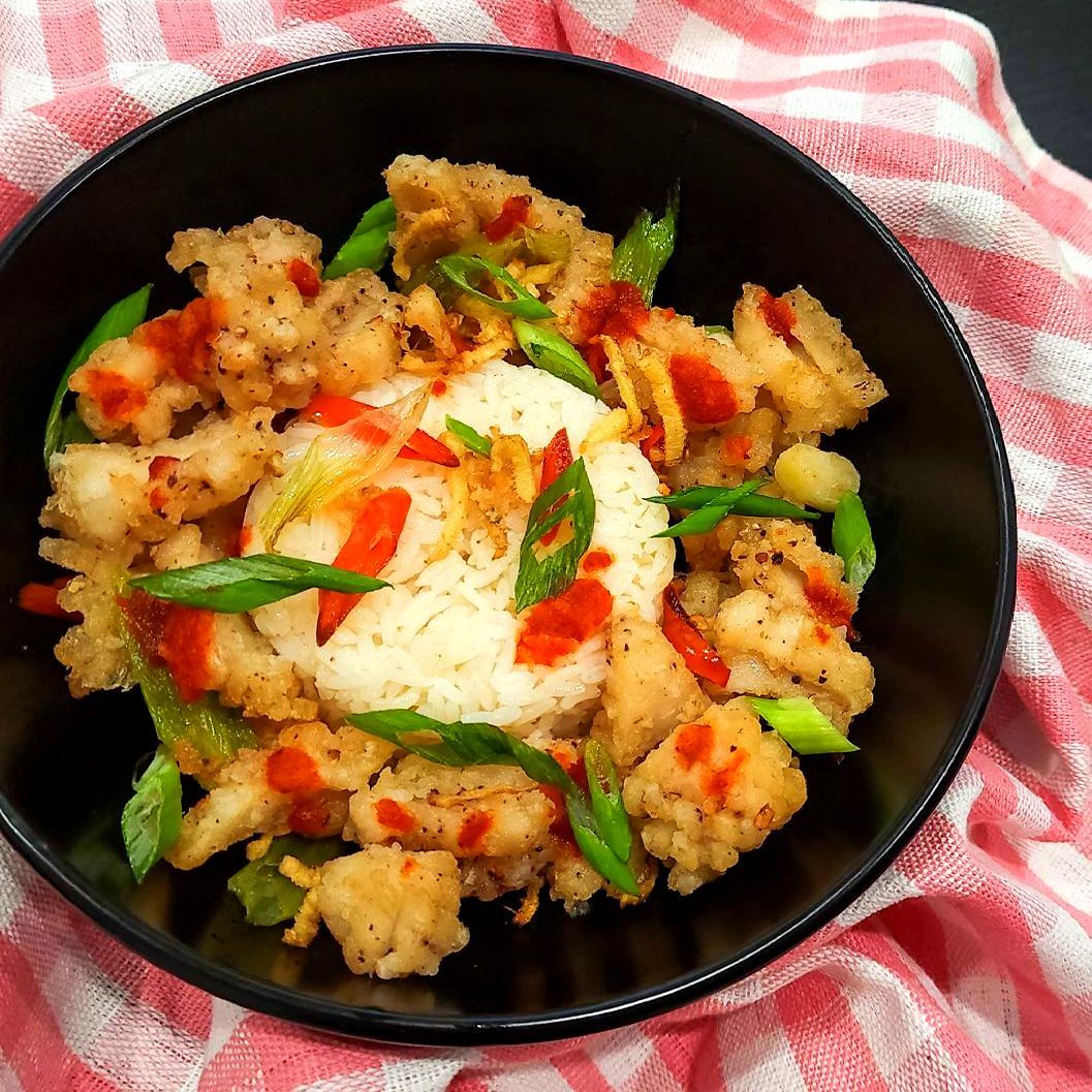 Fried Salt and Pepper Squid with Della Jasmine Rice, Sriracha, Green Onion