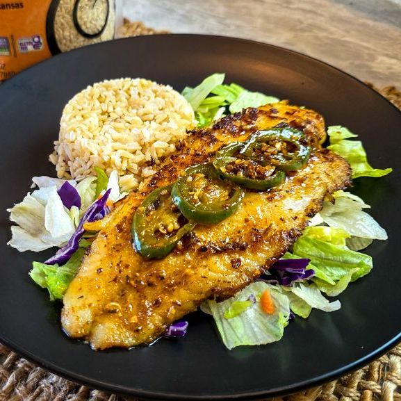 Cajun Swai Fish over Salad with Organic Della Light Brown Basmati Rice