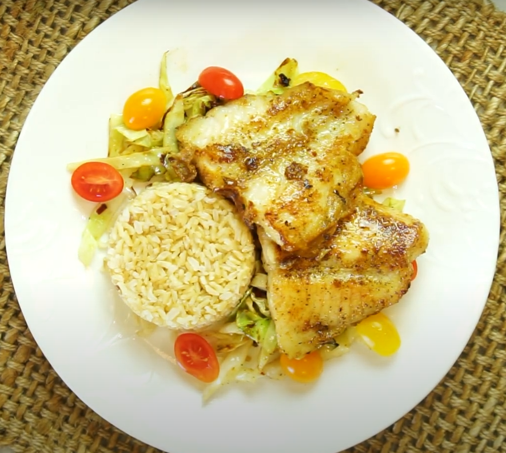 Old Bay Tilapia over Cabbage and Organic Della Basmati Light Brown Rice