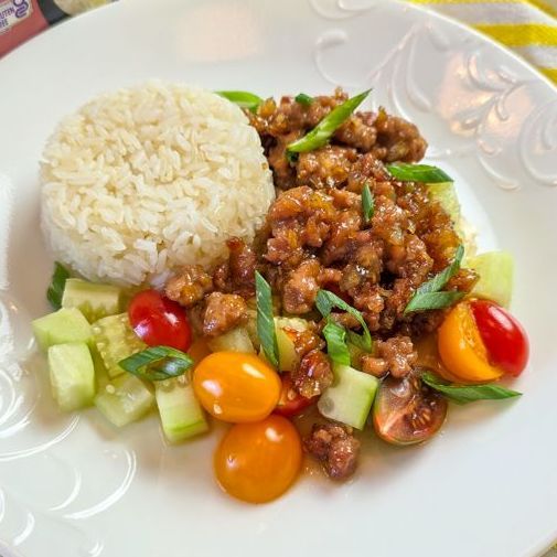 Caramelized Pork Bowls over Organic Della Basmati Jasmine White Rice  Cucumber Tomato Salad