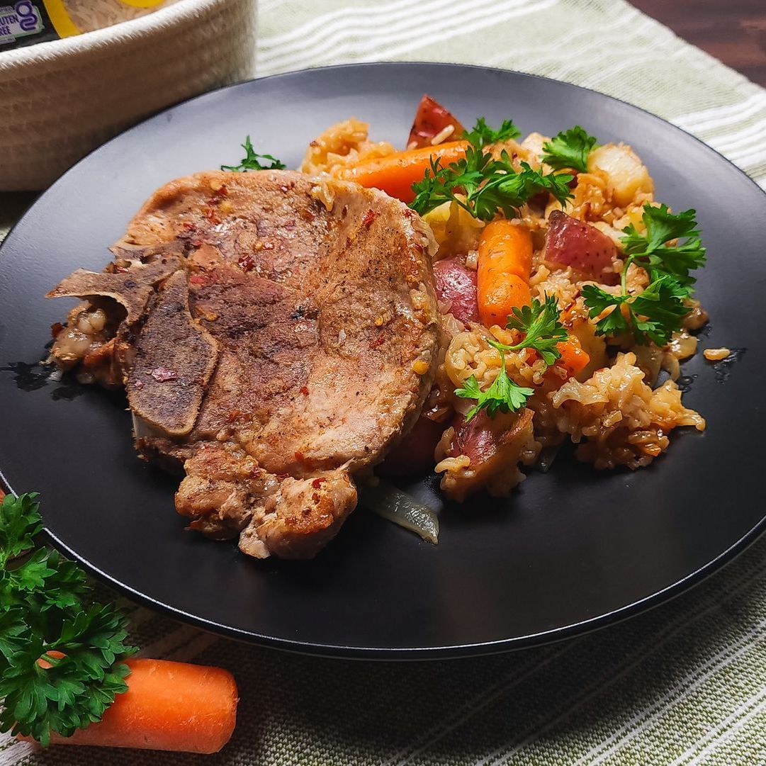 Spicy & Hearty Pork Loin Chop over Della Jasmine Rice Instant Pot Carrot Potato