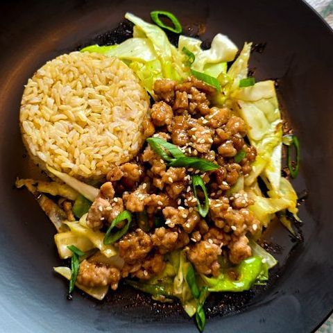 Ground Pork Cabbage Stir Fry with Organic Della Light Brown Basmati Rice