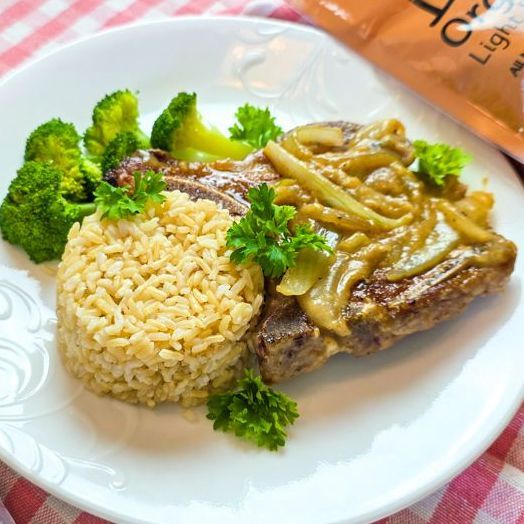 Onion Pork Chops Organic Della Basmati Light Brown Rice Broccoli