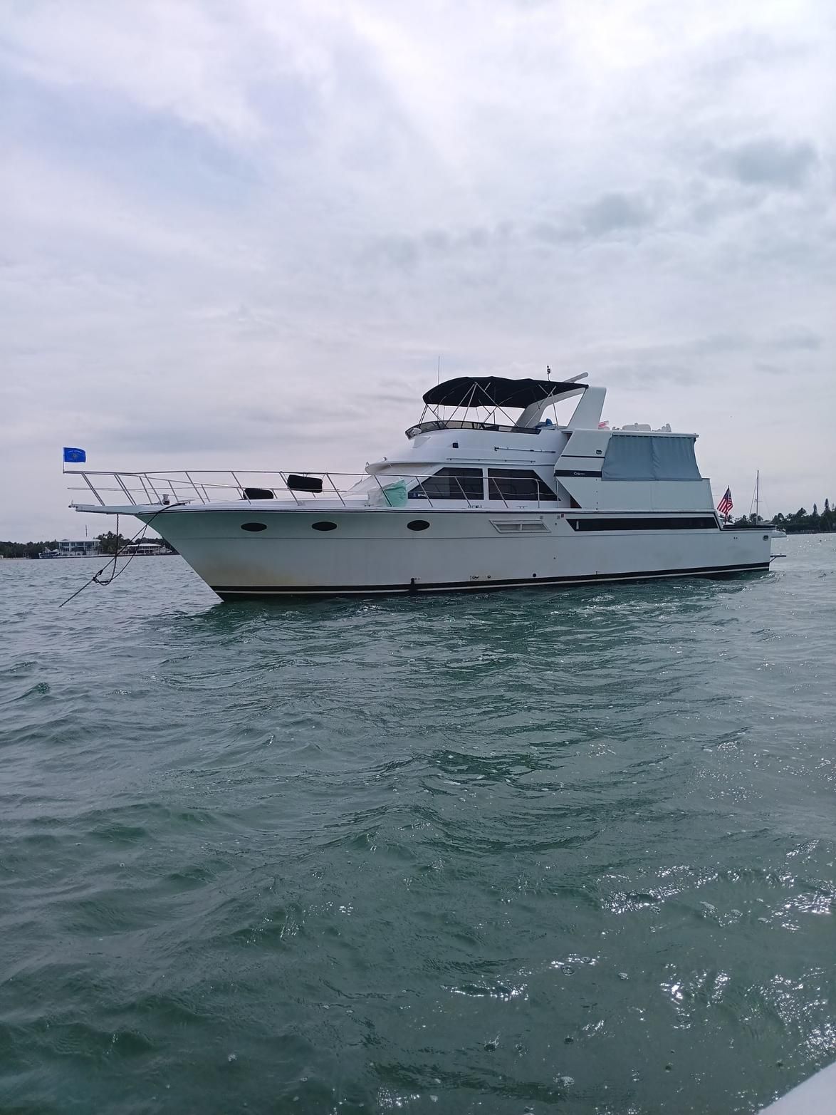 White motor yacht on water under a cloudy sky.
