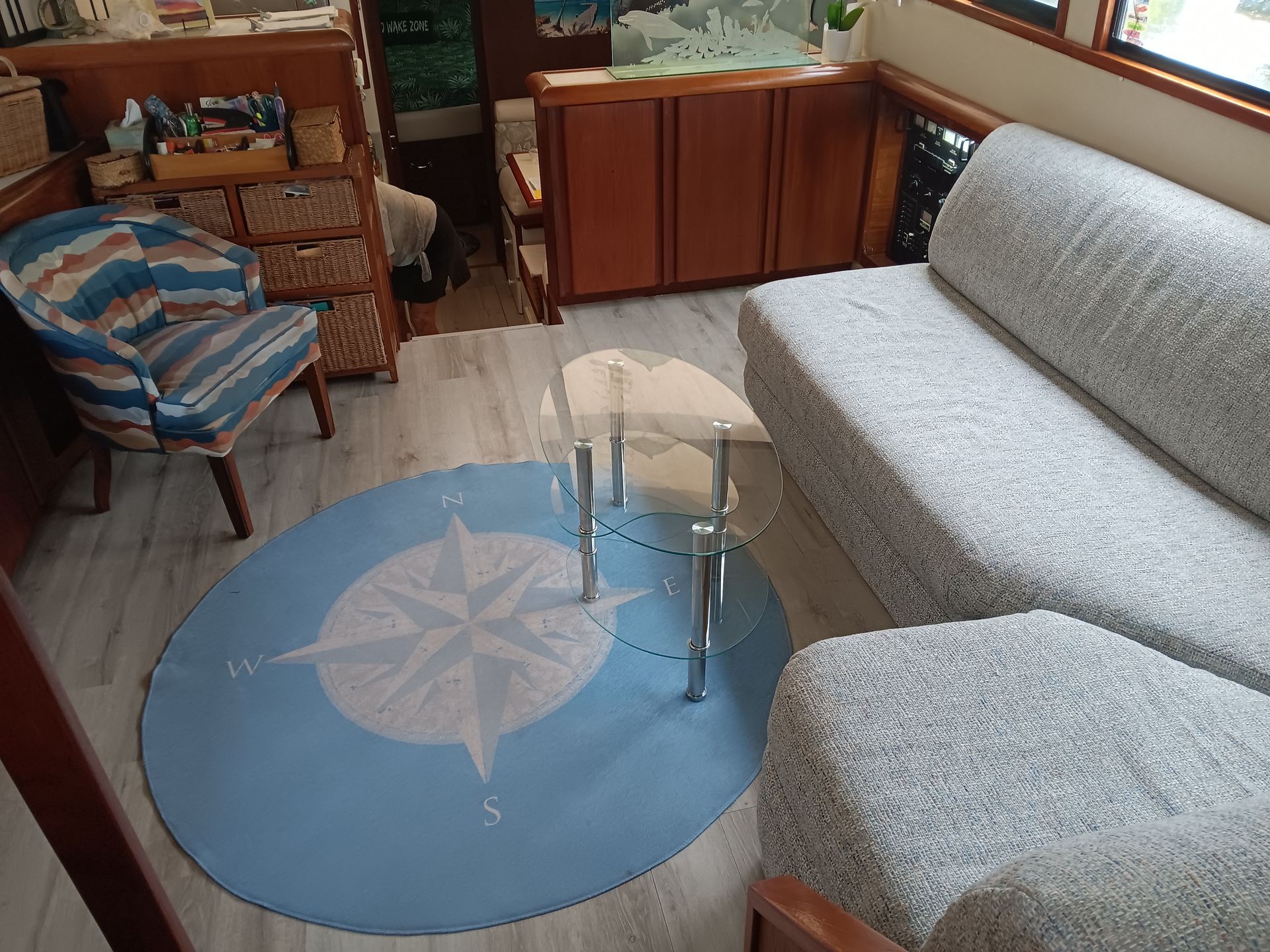 Living room with blue compass rose rug, sofa, armchair, and glass coffee table.