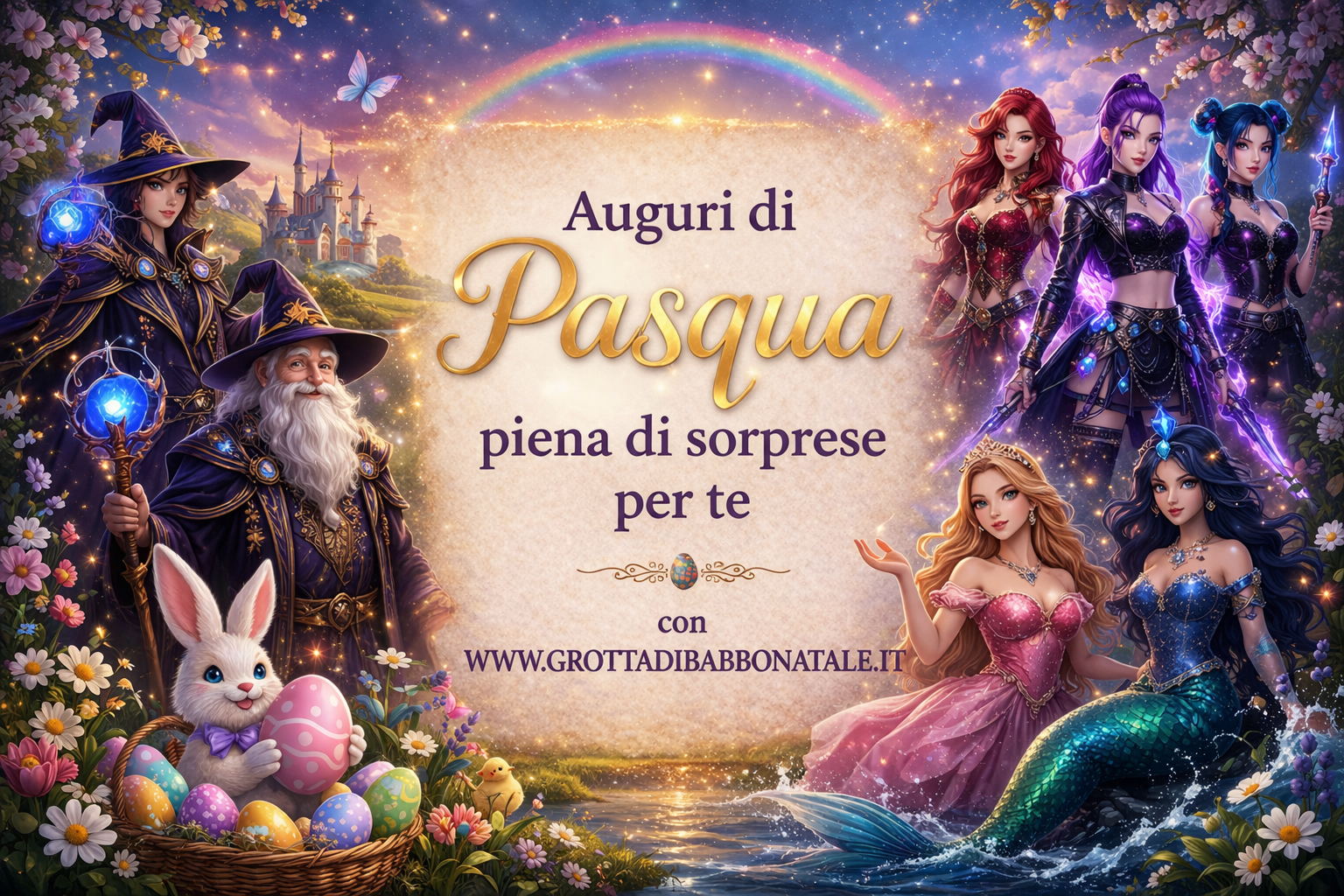 Biglietto d'auguri pasquale a tema fantasy con maghi, fate, una sirena e un coniglietto pasquale in un paesaggio magico.