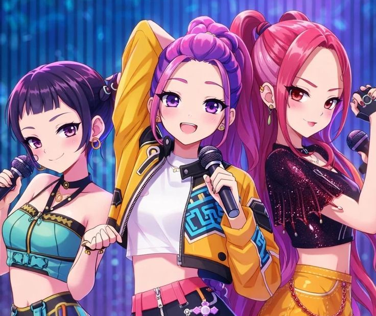 Three animated pop singers in colorful outfits hold microphones and pose against a sparkling blue stage background.