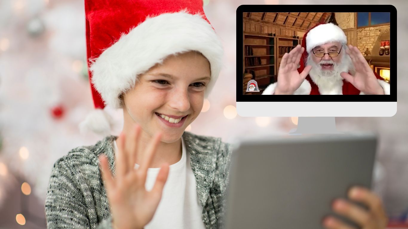 Un uomo vestito da Babbo Natale sta parlando con un bambino durante una videochiamata.