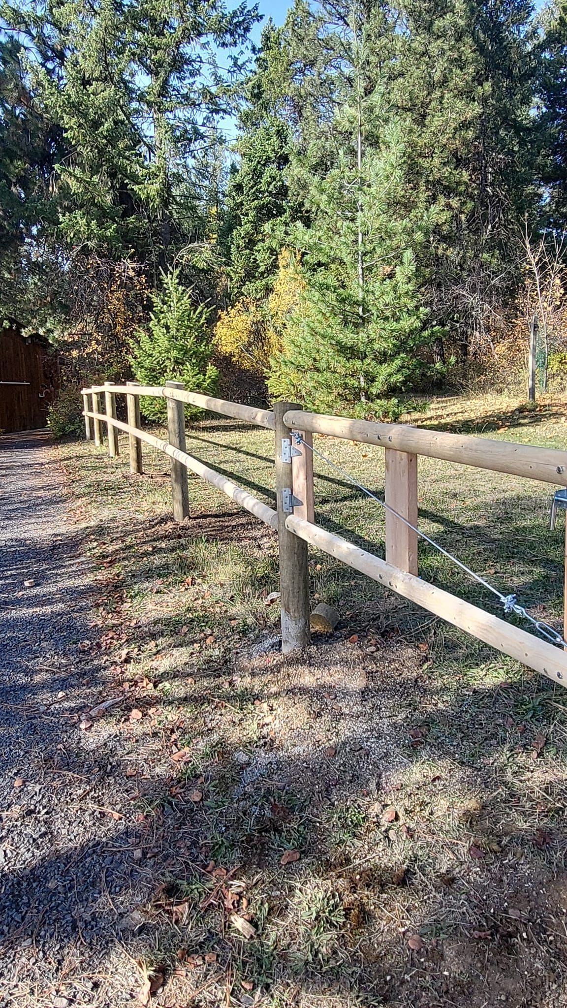 A wooden fence surrounds a grassy field with trees in the background.