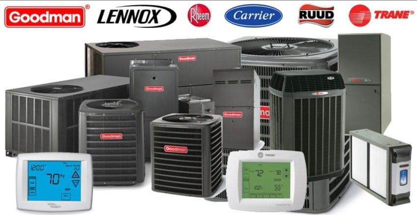 Assortment of HVAC equipment: air conditioners, furnaces, thermostats, and filters, with brand logos visible.
