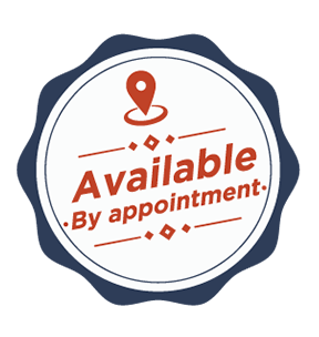 Blue and white badge with