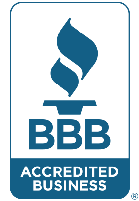 Blue BBB Accredited Business logo: torch symbol above the letters 