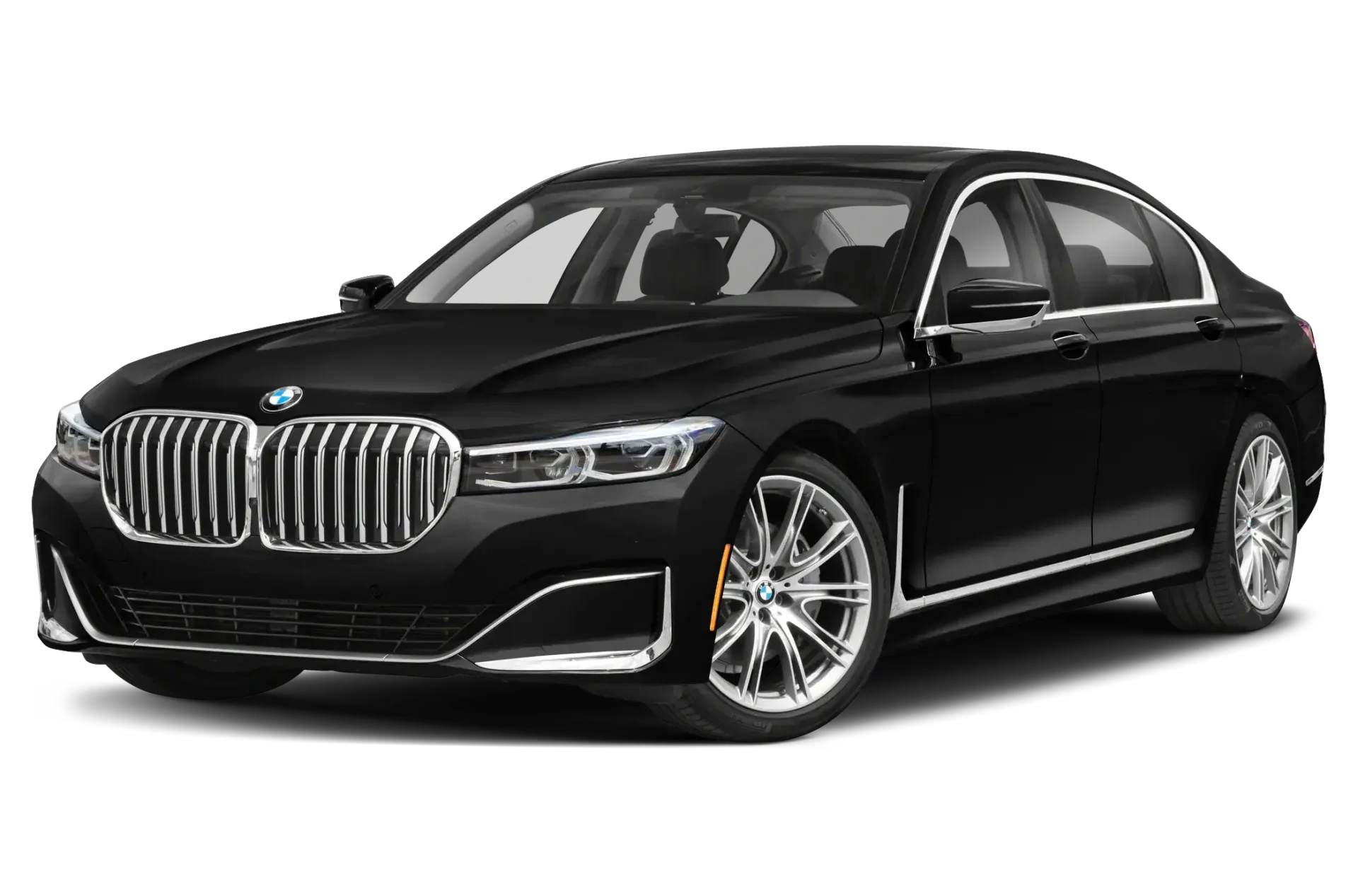 A black bmw 7 series is shown on a white background.