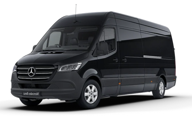 A black mercedes benz sprinter van is shown on a white background.