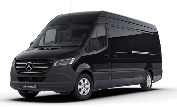 A black mercedes benz sprinter van is shown on a white background.