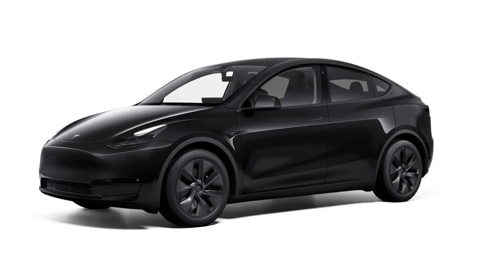 A black tesla model y is shown on a white background.