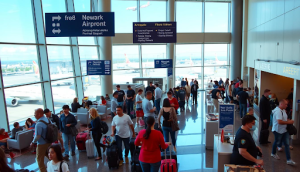 A large group of people are walking through an airport.
