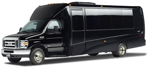 A black Ford E-450 Mini Bus on a white background.