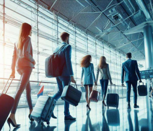 A group of people are walking through an airport with luggage.