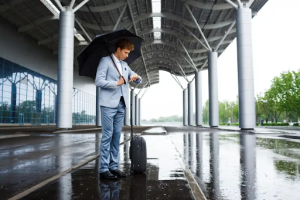 A man with an umbrella and a suitcase is looking at his watch.