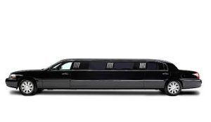 A black limousine is parked on a white background.