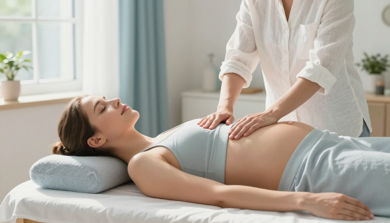 Pregnant woman relaxing during a wellness session.