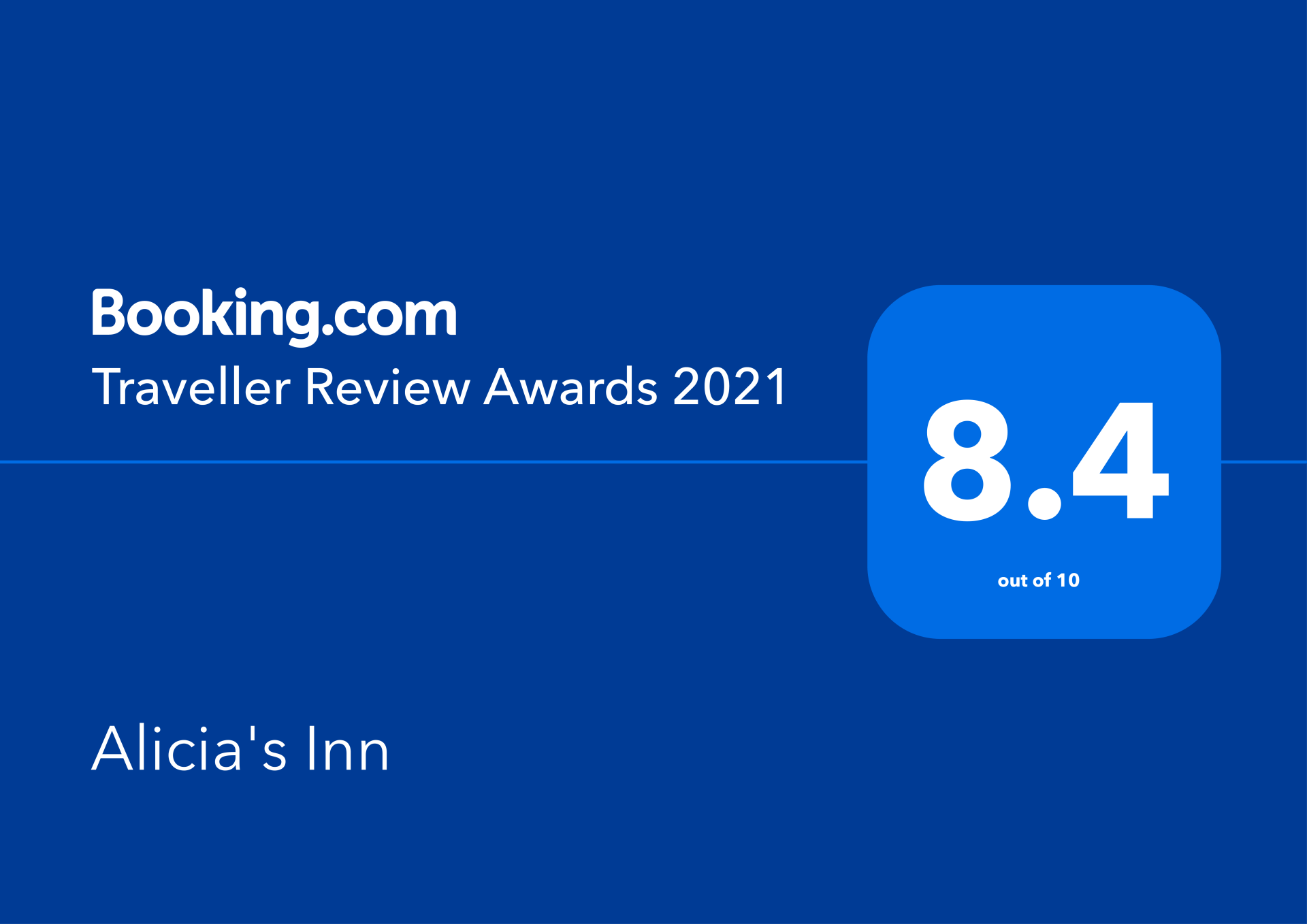 A blue sign that says booking.com traveller review awards 2021
