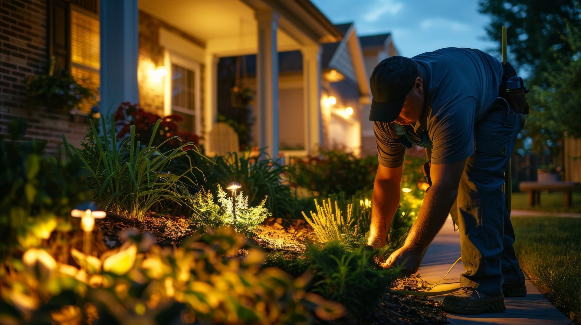 A man is working in a garden in front of a house at night.